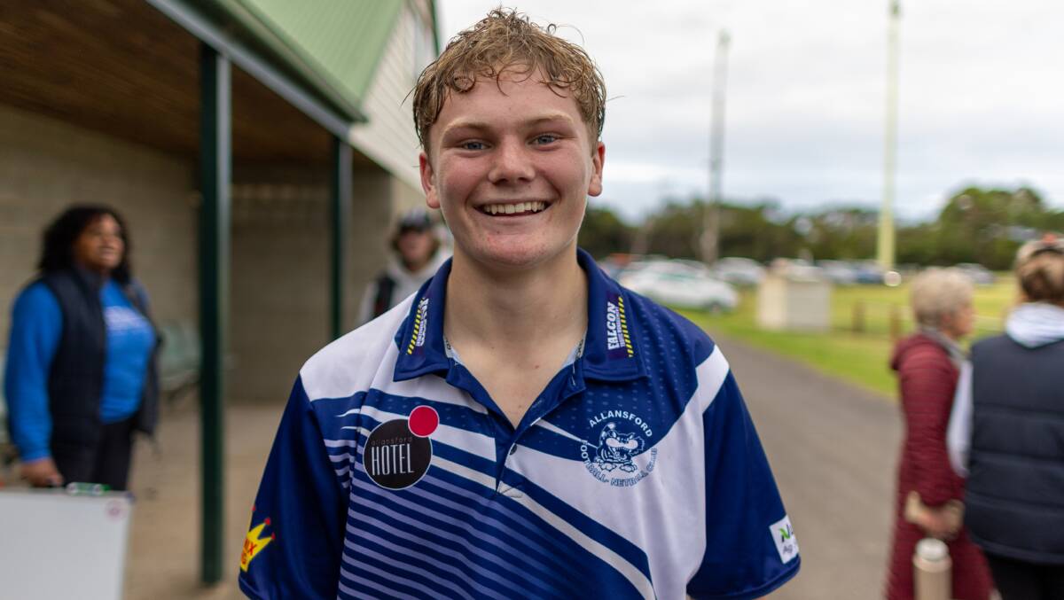 Harry van Rooy was all smiles after his senior football debut for Allansford. Picture by Eddie Guerrero