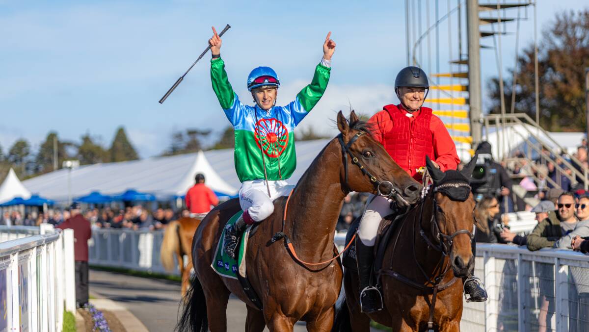 Fred Kersley celebrates after steering Tuval to victory in the Wangoom Handicap. Picture by Eddie Guerrero