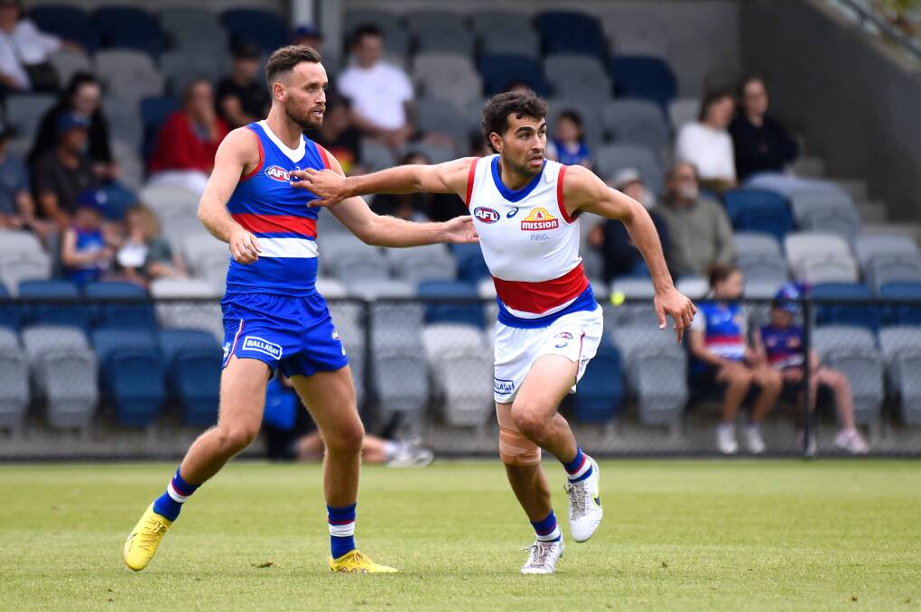Josh Chatfeld pushes off Hayden Crozier during a Western Bulldogs intra-club game in early 2023. Picture by Adam Trafford
