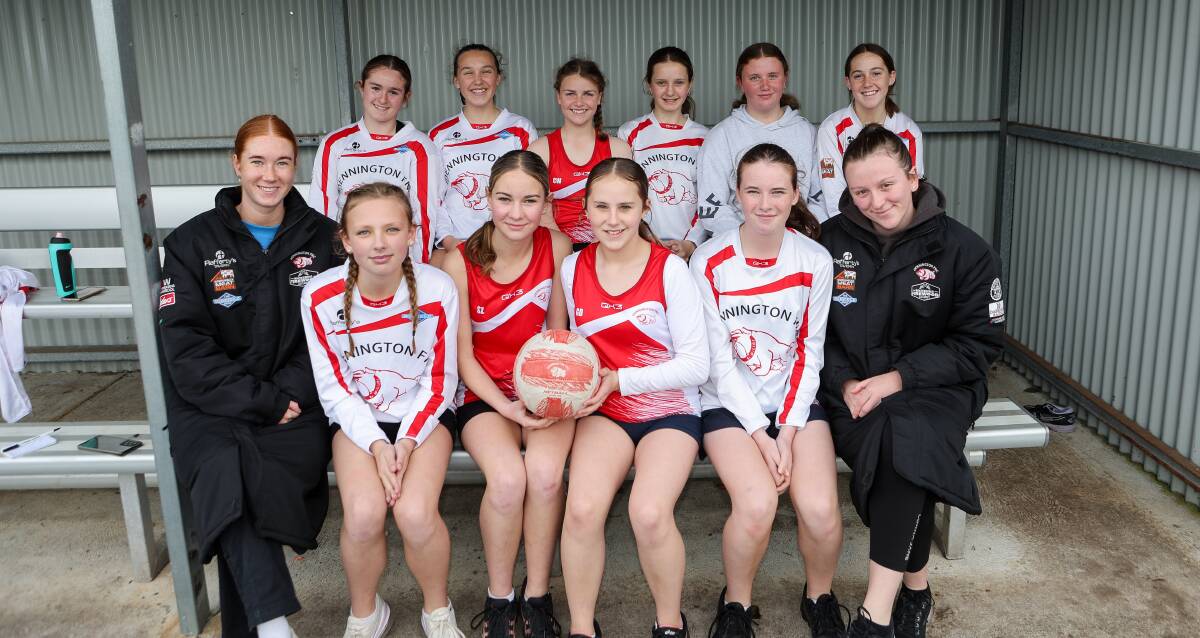 Ruby Wright (bottom right) pictured with Dennington's 13 and under netball team in 2023. Picture by Anthony Brady