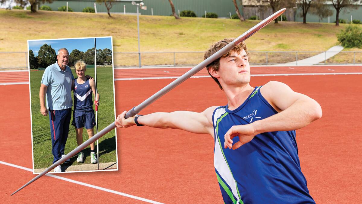 Jeff Collins prepares to throw a javelin in February 2024 while, inset, he stands with legendary javelin thrower Uwe Hohn at a training session in Ballarat. Pictures by Eddie Guerrero and supplied