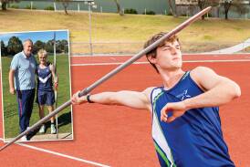Jeff Collins prepares to throw a javelin in February 2024 while, inset, he stands with legendary javelin thrower Uwe Hohn at a training session in Ballarat. Pictures by Eddie Guerrero and supplied