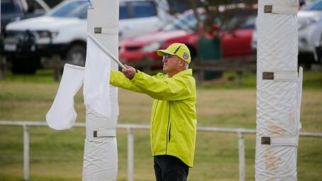 Warrnambool's Malcolm Clapp umpiring during a Hampden league game in 2021. Picture by Anthony Brady