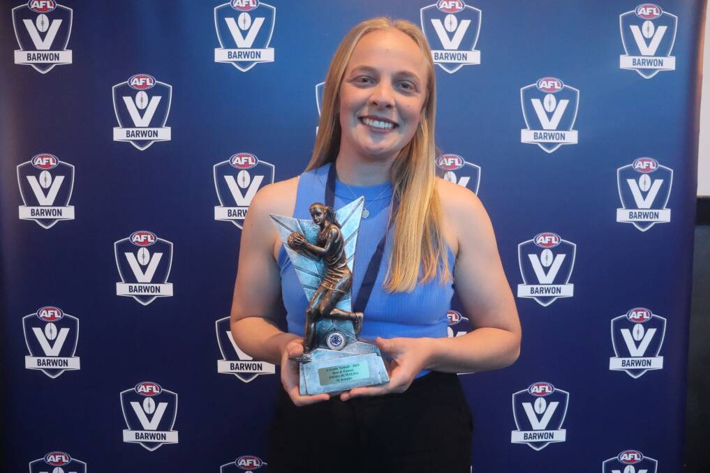 Emma Buwalda with her A grade league best and fairest last season in the Geelong league. Picture supplied