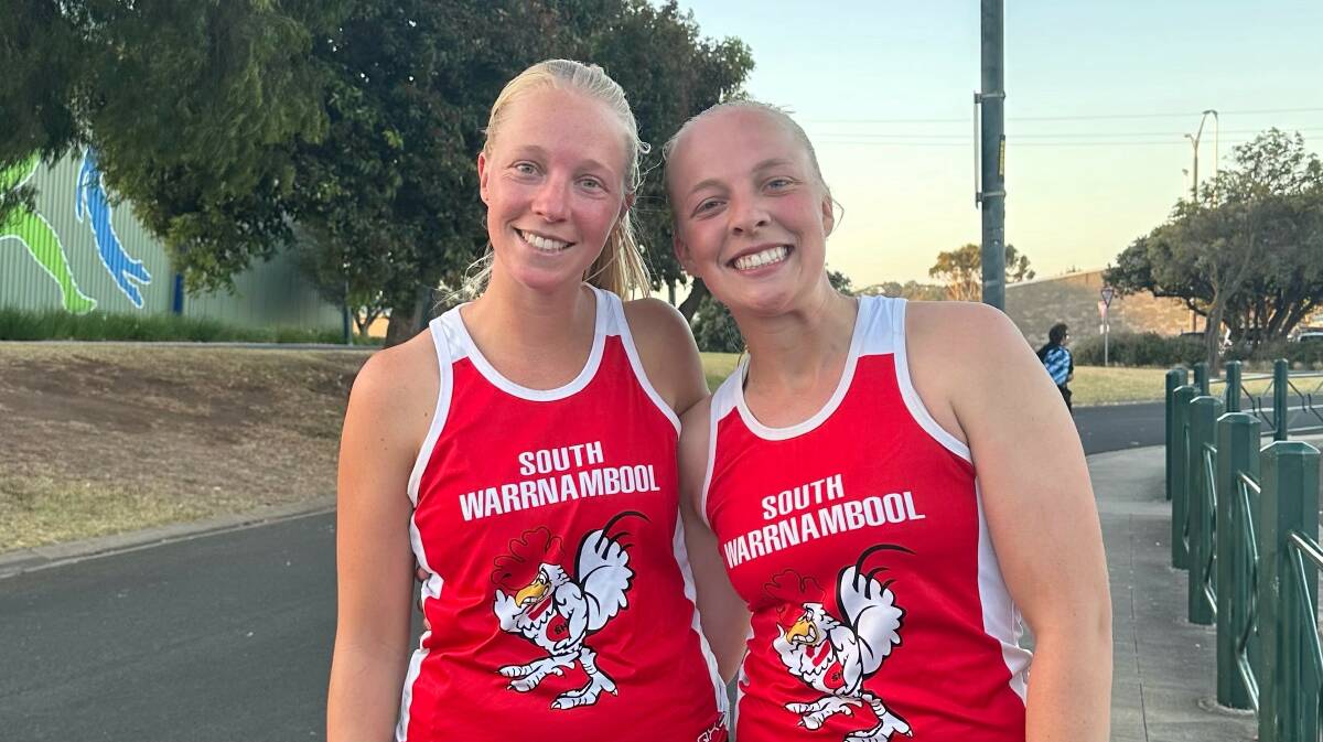 Emma Buwalda (right) with her sister Katie at South Warrnambool netball training. Picture supplied