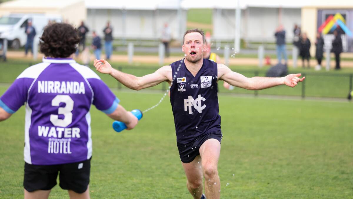 Jeremy Stacey celebrates a goal for Nirranda in the 2023 grand final. Picture by Eddie Guerrero