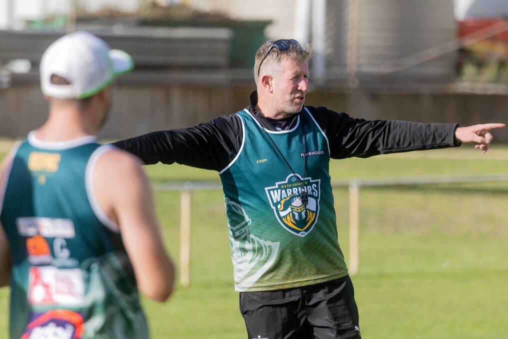 Old Collegians mentor Ben van de Camp directs his team during a pre-season session. Picture by Anthony Brady