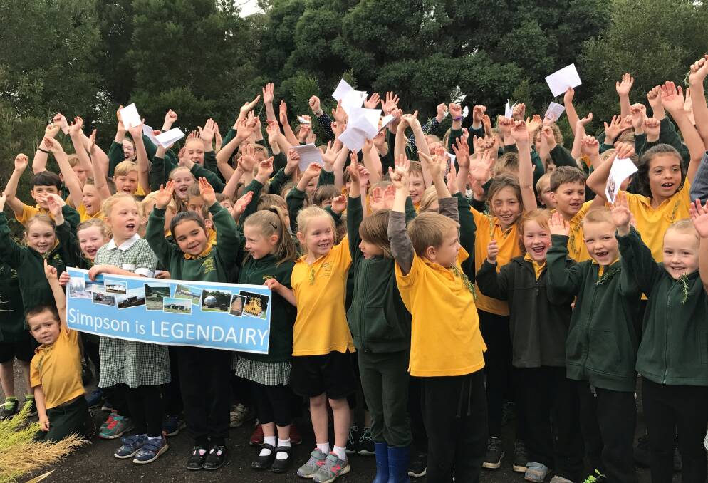 Celebrating: Pupils at Simpson Primary School celebrate the town's win of this year's LEGENDAIRY capital title for Western Victoria. The town is now in the running to be  the national LEGENDAIRY capital.
