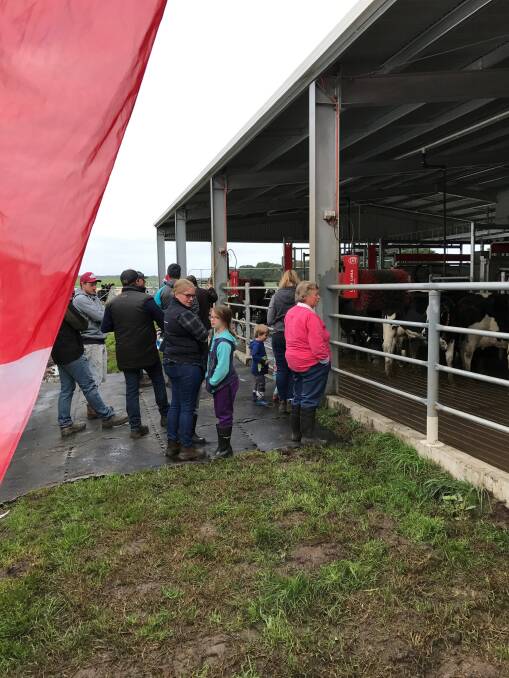 Innovative: Part of the crowd of more than 100 people who attended a field day at Phil and Symone Vines' robotic dairy in Simpson. The four robotic milking machines milked 270 cows a day last year, and will milk 320 cows this year.