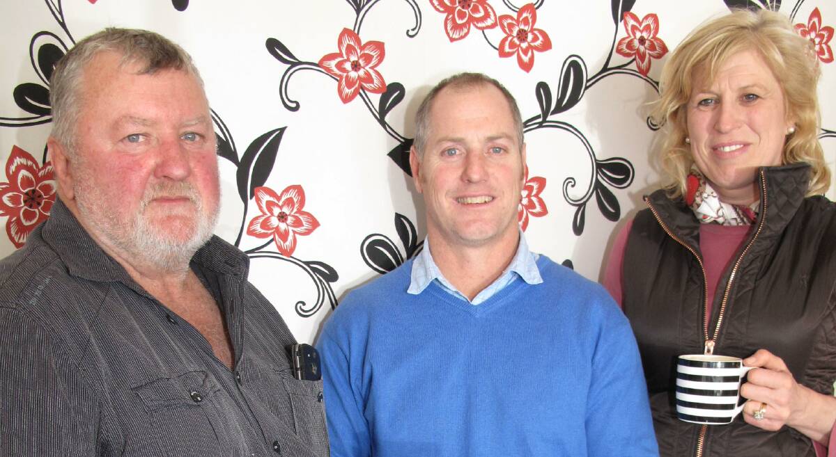 Connected: Tyrendarra dairy farmer Bruce Knowles meets with Adam Jenkins and Oonagh Kilpatrick from the United Dairyfarmers of Victoria. 