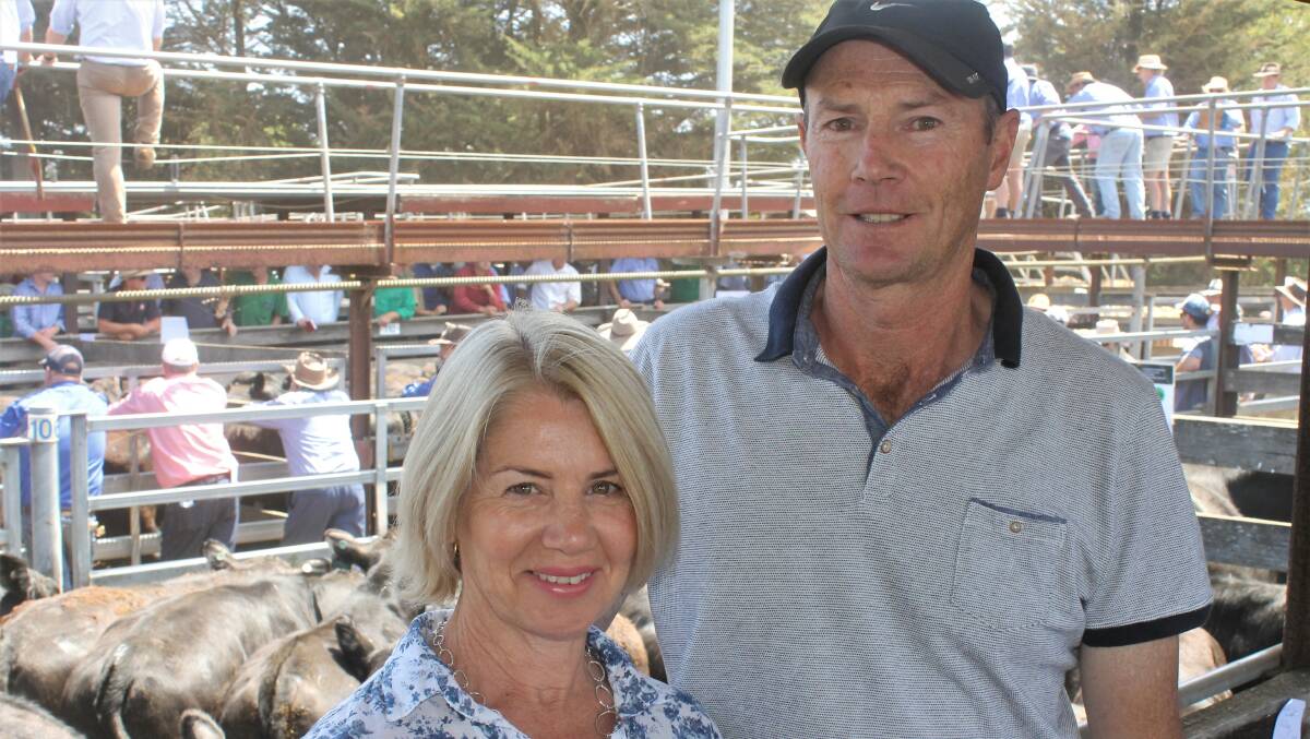 Happy: Michael and Jacinta Coffey, Port Fairy were happy with the steer prices they gained at the first of the Hamilton weaner sales on Monday. 
