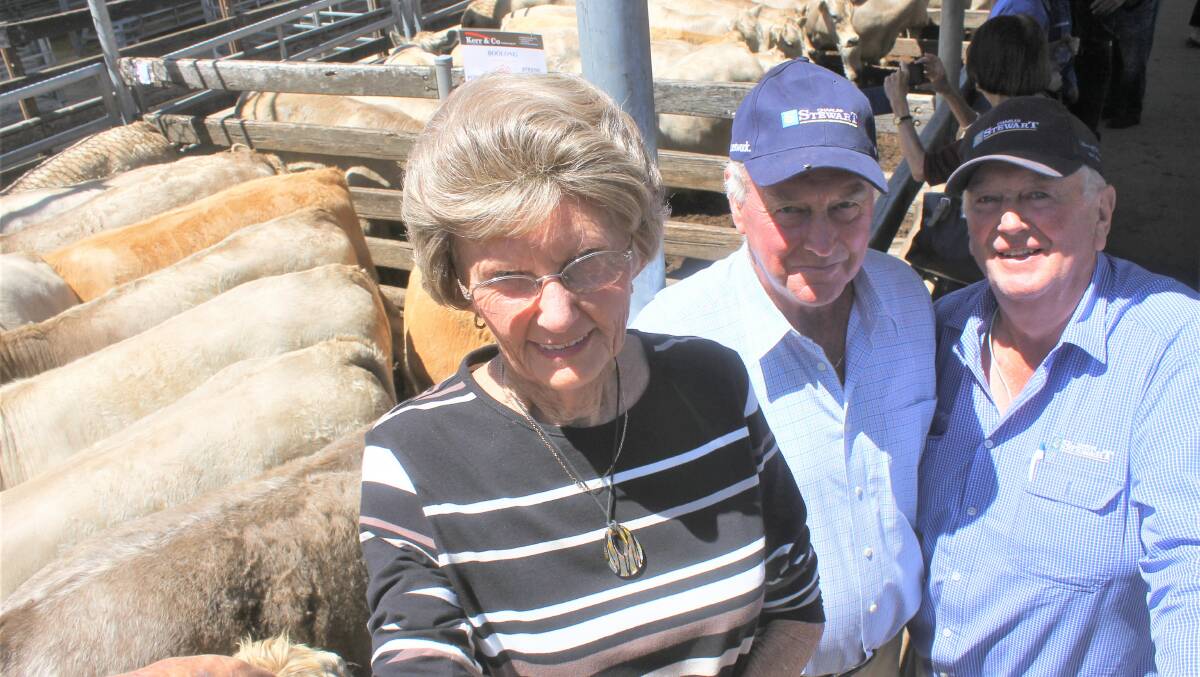 Returns: Nola and Des Stuchberry of Heywood with their agent John Franklin from Charles Stewart & Co and their Boolong steers, 427 kilograms, that sold at 284c/kg at Tuesday's Eurobreeds weaner sale at Hamilton.