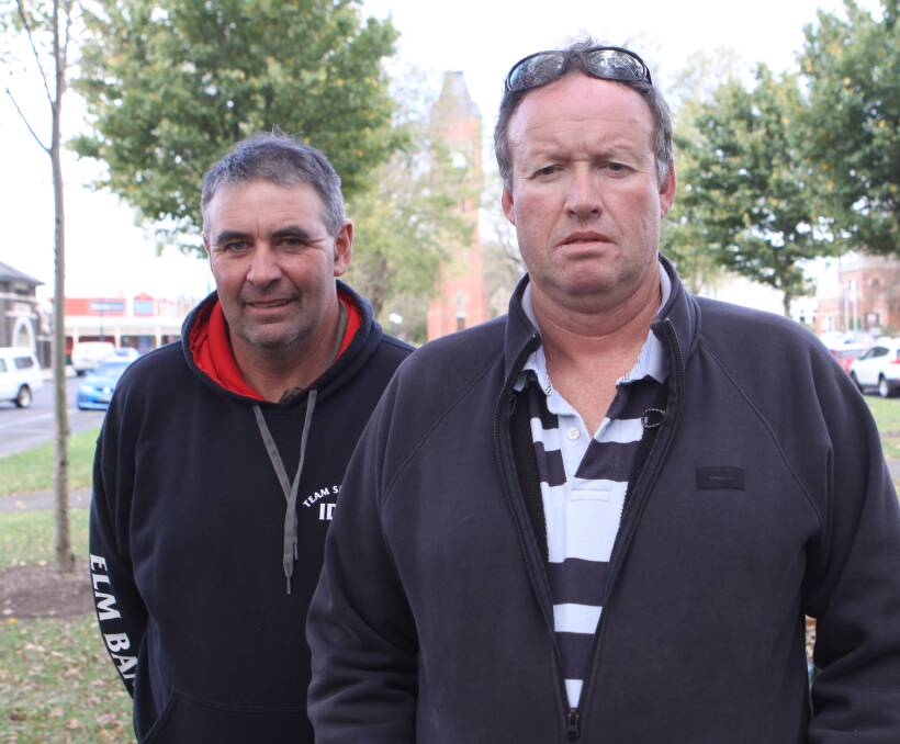 Activists: Farmer Power activists Chris Gleeson and Alex Robertson after the meeting with the United Dairyfarmers of Victoria president Adam Jenkins in Camperdown on Friday.