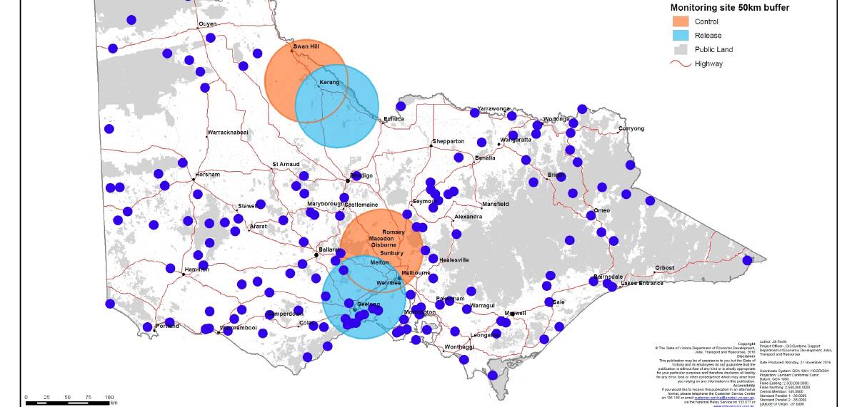 Release sites: A map showing the general location of most of the Victorian release sites for the new rabbit virus.