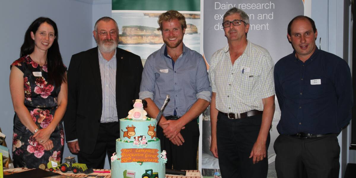 Among those at the Port Campbell Dairy Discussion Group's 50th anniversary celebrations on Saturday were Rachael Campbell, Jeff McCue, Andrew Powell, James O'Brien and  Brad Plozzer. 