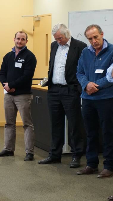 Speakers: Meat & Livestock Australia's Damon Holmes, left, and Melbourne University's Bill Malcom and David Webb-Ware listen at the Hamilton conference. 