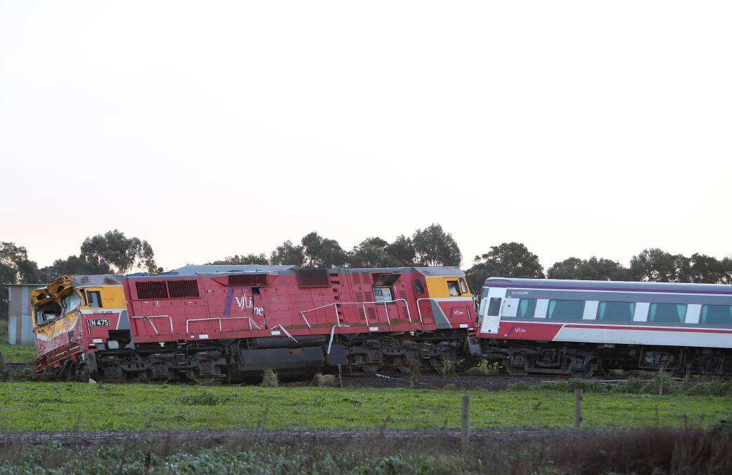 Derailed: The derailed locomotive after it collided with a truck at Pirron Yallock on Wednesday afternoon. Picture: Amy Paton