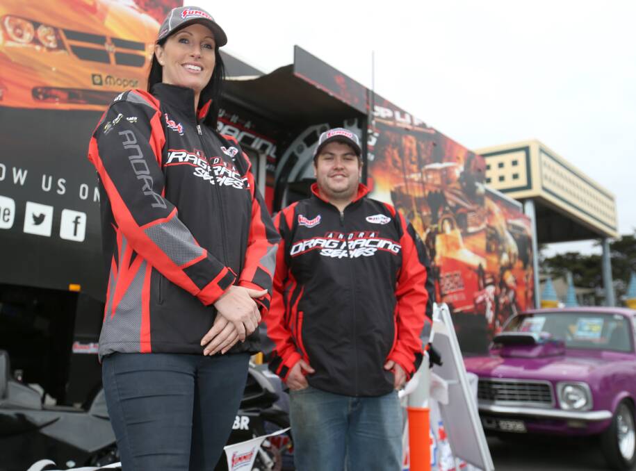 Raising profile: ANDRA business development manager Jennifer Harrison with local drag racer Matthew Gay at the promotion for this week's Portland drag racing meeting. 