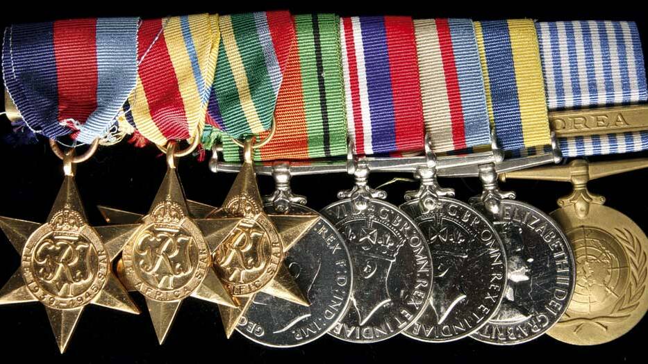 Up for auction: The set of eight war medals that the first Aboriginal commissioned officer in the Australian Army, Reg Saunders, born in Purnim, received for his service in the Second World and Korean wars.