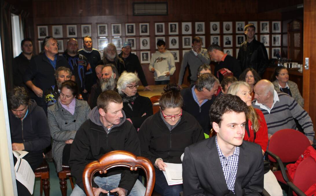 The full public gallery at Moyne Shire's meeting on Tuesday night when the council voted to refuse an application for a drag racing strip at Koroit. 