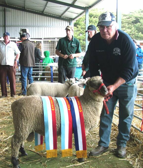 Supreme Champion: Barry Shalders of Willow Drive South Suffolks with the ram lamb that won the Supreme Champion and other ribbons at the Noorat Show. 