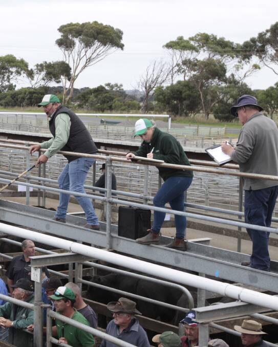 Action: Kieran Johnson of Landmark Warrnambool takes bids at the February store sale.   Pictures: Everard Himmelreich