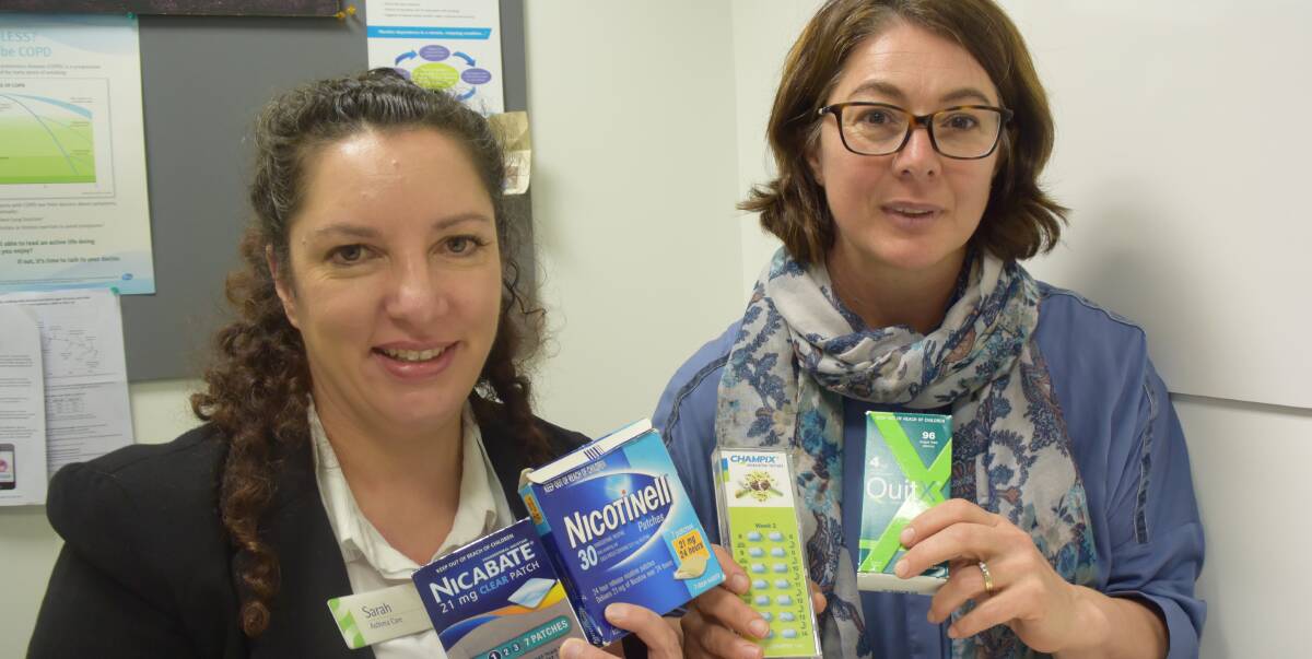 Helping to quit: South West Healthcare stop smoking workers Sarah Irving and Moya Mahony with some of the array of products available to people who want to stop smoking.