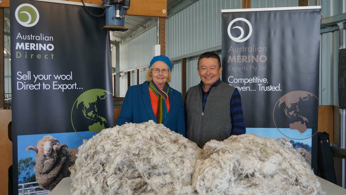 Along the chain: Superfine wool producer Susan Rowbottom of St Helens near Port Fairy with Mike  Kuritani from Japanese textile producer Itochu at the Hamilton meeting for superfine wool growers.