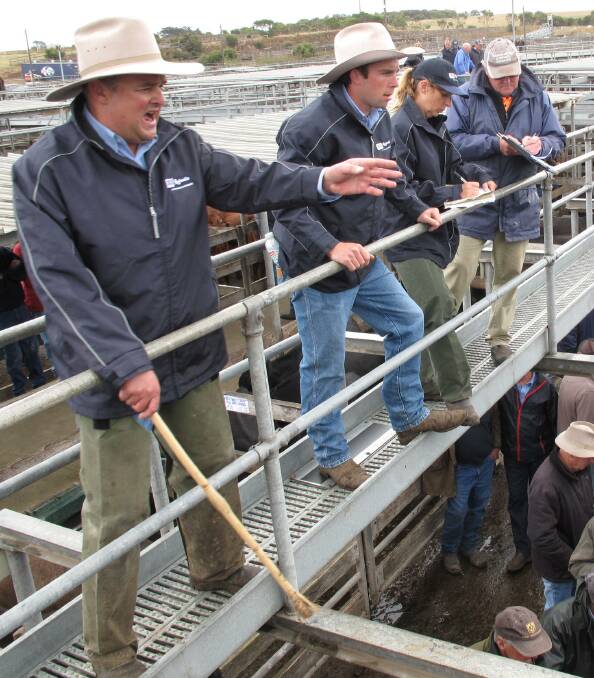 Top sale: Simon Henderson of Saffin Kerr Bowen Rodwells takes bids at Friday's buoyant store sale at Warrnambool. Picture: Everard Himmelreich