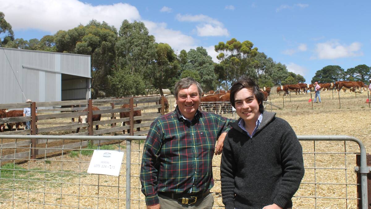 Nicholas Brand and son Tristian, 14, Brinhot P/L, travelled from Penola, SA, to buy Bowmont cattle for the first time. Mr Brand said they arrived early to have a good look at the females and given the high quality, he thought they were “…very, very good value in relation to commercial cattle”. They bought four cows av $2625, four calves av $1688 and a heifer at $3250, which will go into their 50-cow commercial operation.
