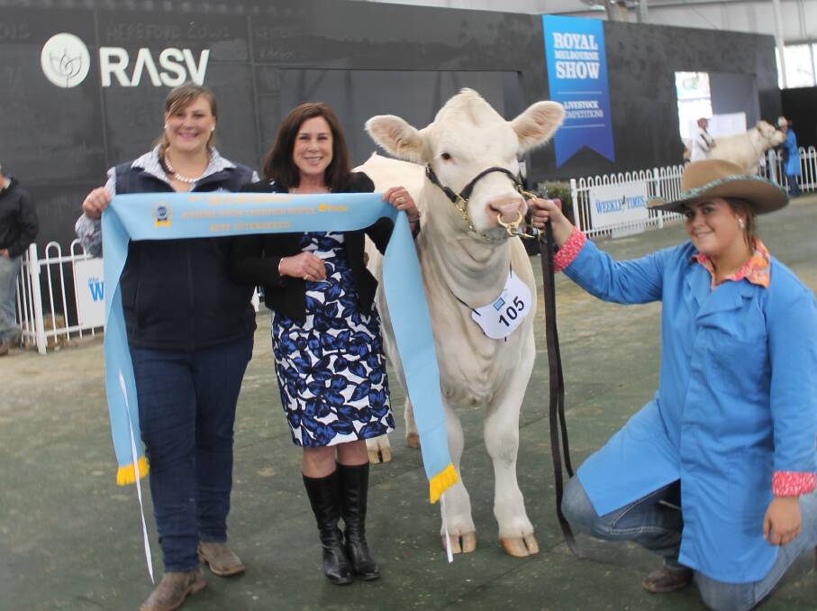 Heifer: Sapphire and Deborah Halliday, Waterford Charolais, Mount Macedon, with Jess Crick and the interbreed junior female. Photos: Laura Griffin
