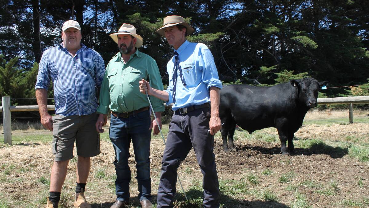 Buyer Mark Beavis, left, agent Col Broughton, Landmark Euroa, and Pathfinder's Nick Moyle with Lot 33, the equal top-priced $16,000 bull. 