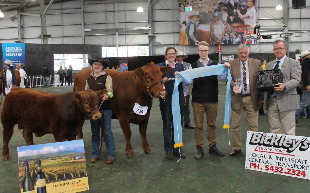 TOP COW: Brooke Cuddihy and Lizzy Baker, Woonallee Simmentals, with Grant Coverdale, RASV, sponsor Jack Bickley and Mark O'Sullivan, RASV.