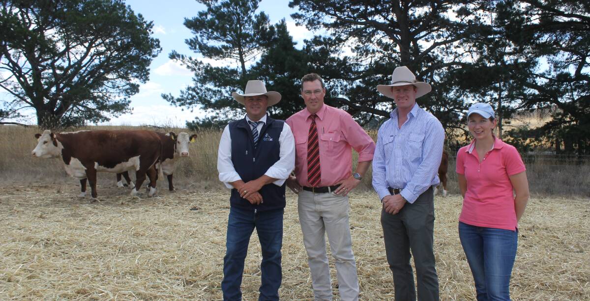 At Bowmont Herefords sale are Auctioneers MIchael Glasser of GTSM, Ross Milne from Elders, vendor Sam King of Bowmont Herefords, and top priced cow buyer Janine Swayn, Purrumbete Herefords, Camperdown.