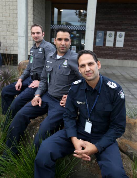 New recruits: PCO Bryan Bateman, PCO Parwinder Singh and Senior Sergeant Deon Townsend-Booth outside the Warrnambool Police Station. Picture: Amy Paton