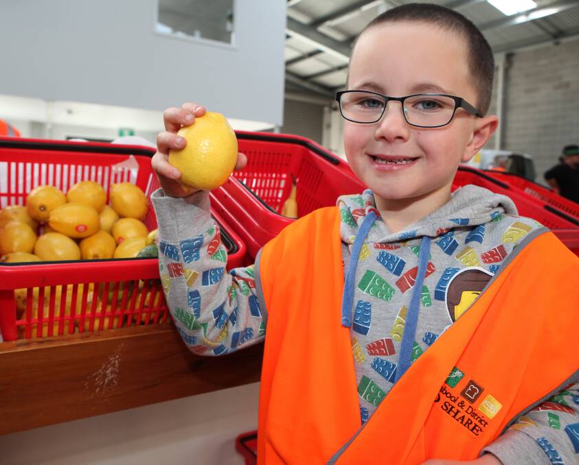 HAPPY TO HELP: Koroit and District Primary School student Tavish McDonald, 6, was happy to help out at Warrnambool and District Foodshare during his holidays. Picture: Anthony Brady