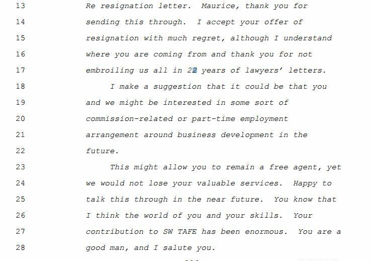Former South West TAFE chief executive Peter Heilbuth's letter to Maurice Molan after he resigned. Ultimately, Mr Molan's resignation was not accepted and he was later terminated for 'gross misconduct'. 
