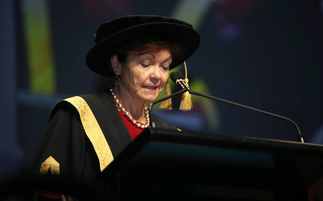 IN WARRNAMBOOL: Deakin University Vice Chancellor Jane den Hollander addresses the audience at Thursday's graduation. Picture: Amy Paton