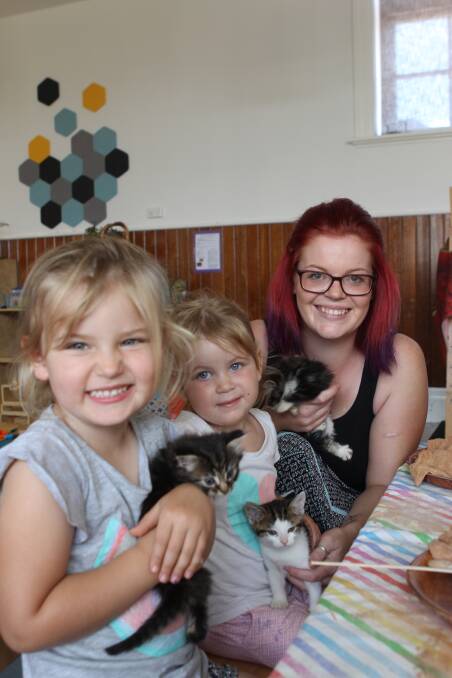 NEW FRIENDS: Rescue kittens that were found on the Koala Childcare Centre roof with Violet Fletcher, 3, and Neve Harlock, 2, and Maddy Bagg. 
