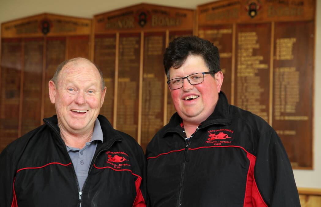 DONNING THE SASH: Geoff Densley and Justin Balmer have joined Warrnambool and District league club East Warrnambool for the 2016 season. Picture: Rob Gunstone
