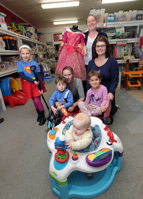 Member drive: Warrnambool Toy Library members Tyna, Xavier and Caitlyn Lee,  Carlee Dart and Melissa, Sahara and Indiana Davey. Picture: Damian White