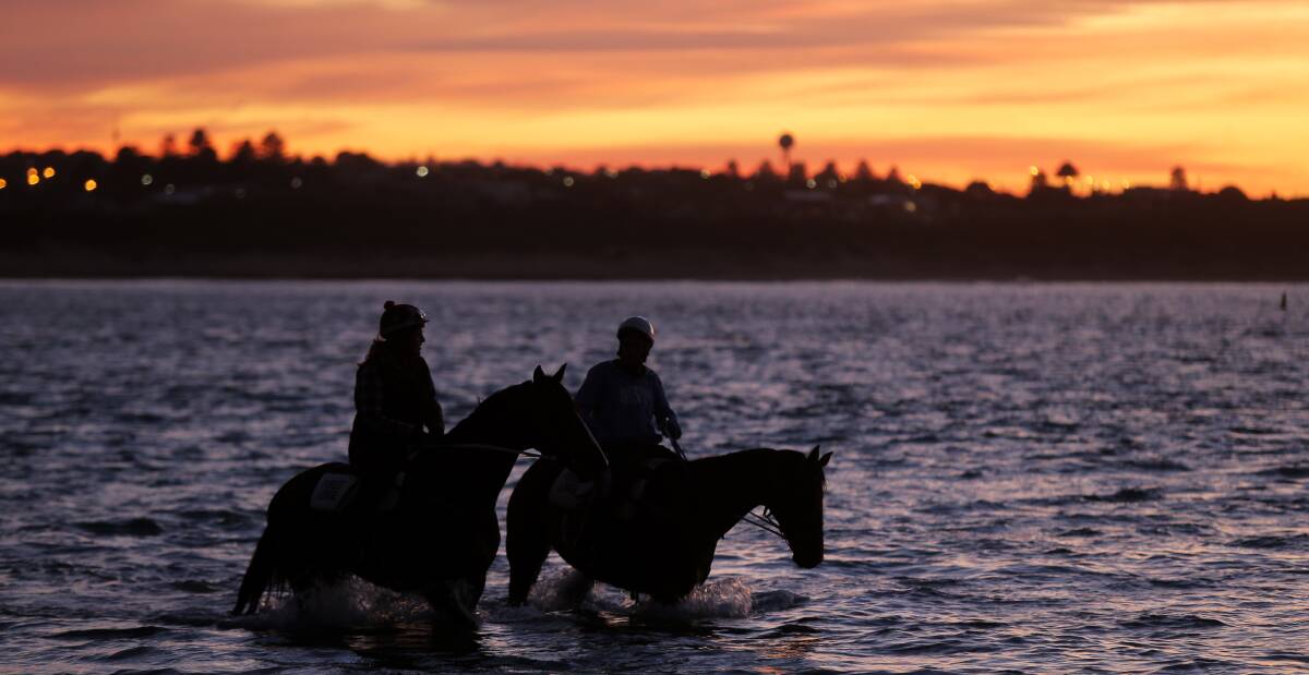 Beach benefits: Track riders exercise racehorses at Warrnambool's Lady Bay beach ahead of the 2016 May Racing Carnival, which starts on Tuesday. Picture: Rob Gunstone