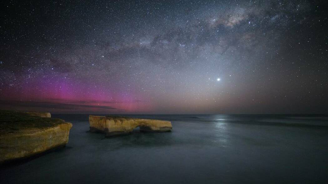 LIGHTING UP THE NIGHT SKY: This spectacular night time image of London Bridge, captured by Warrnambool photographer Perry Cho, shows the Aurora Australis, the Milky Way and Venus.