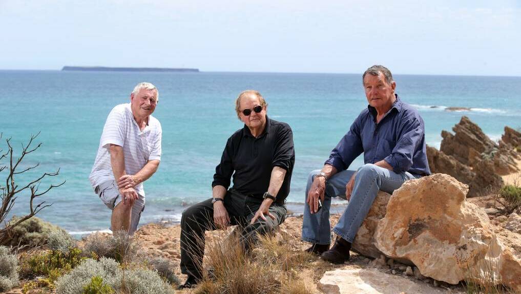 Bernie O’Keefe (left), Peter Coster and Robert Whitehead recalled the fateful diving trip to Lady Julia Percy Island 50 years after the attack. Picture: DAMIAN WHITE