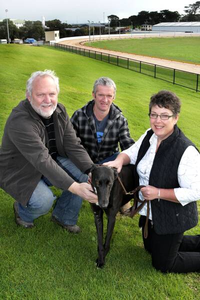 Warrnambool Greyhound Racing Club president Phillip Mitchem, Peter's Project director Vicki Jellie and owner of the dog Philip Lenehan. This dog has been named Peter's Project and money will be given to the Peter's Project fund when the dog wins races. 