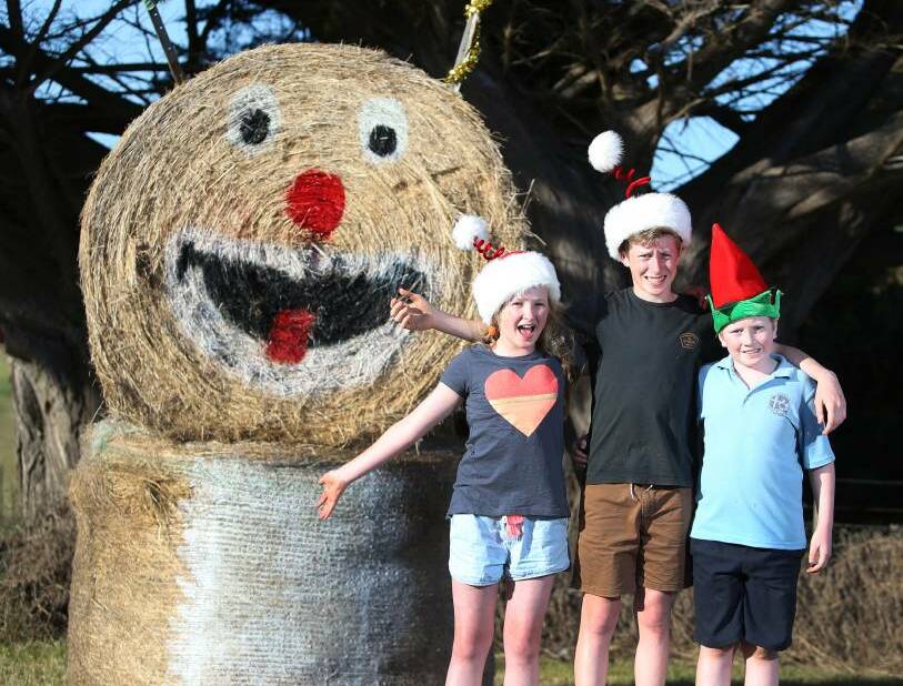 Merry: Milly, 11, Tom, 13, and Sam Graham, 8, with the reindeer they decorated for Yambuk and district's Christmas Hay Bale Trail. Picture: Amy Paton