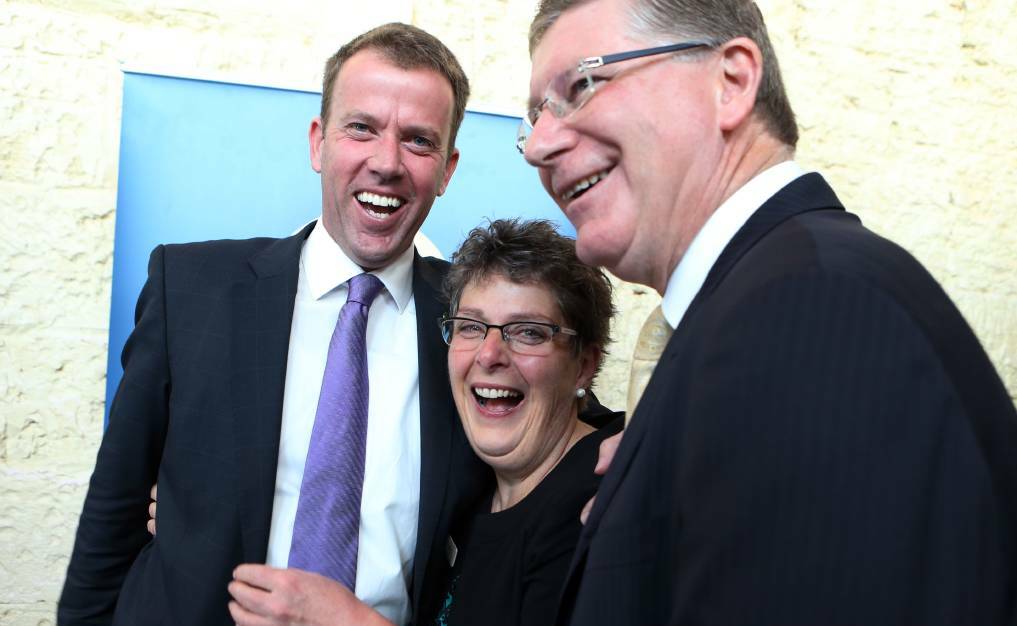 Peter’s Project founder Vicki Jellie is congratulated by Victorian Premier Denis Napthine (right) and federal member for Wannon Dan Tehan at yesterday’s gathering at the Lighthouse Theatre.