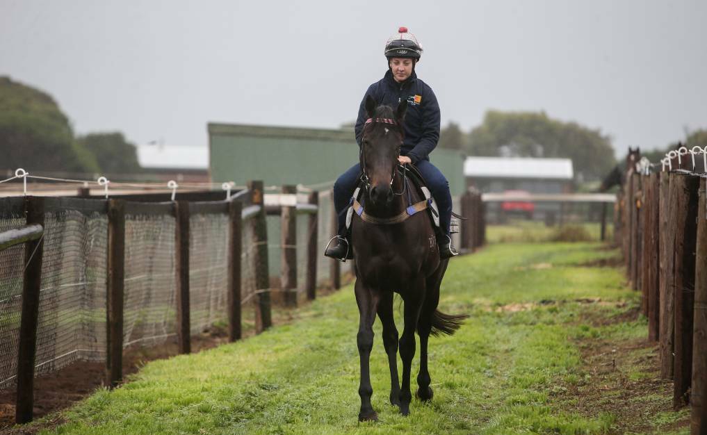 Jockey Melissa Julius, pictured with Duecourse at Wilde Racing, is gearing up to ride in the May Races this week. Picture: Amy Paton