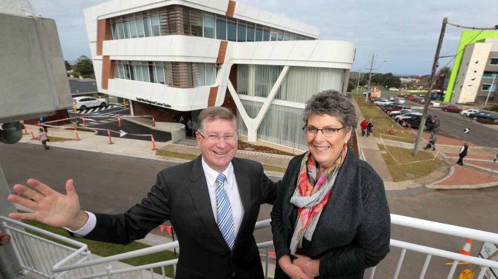 Former Premier of Victoria Denis Napthine and Peter's Project founder Vicki Jellie celebrate the opening of the new South West Regional Cancer Centre. Picture: Rob Gunstone