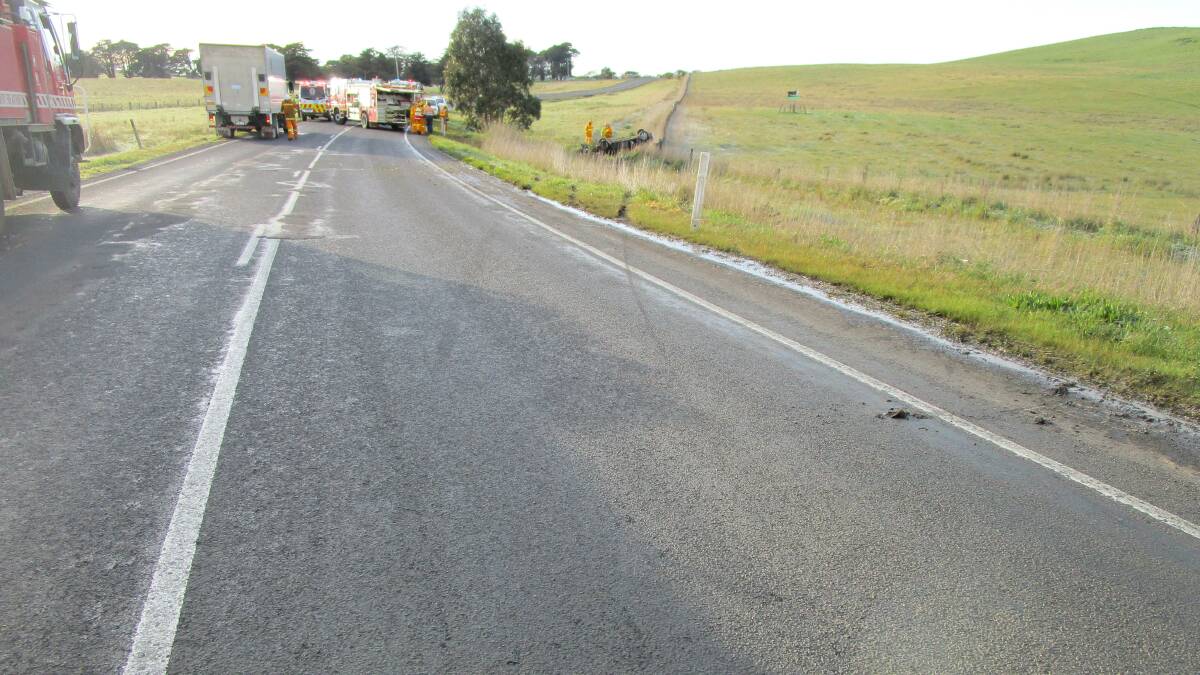 The accident scene along the Glenelg Highway near Muntham on Sunday morning.